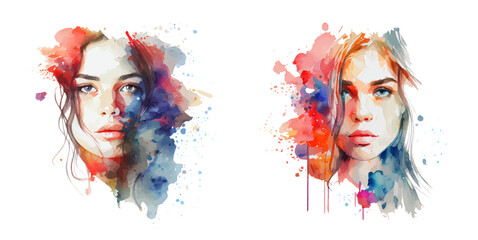Naklejka premium Watercolor composition of a beautiful girl set isolated on a white background. Beautiful women, natural beauty. Ideal for postcard, advertisement, book, poster, banner. Beauty concept. Vector