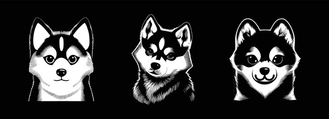 Fototapeta premium Vector cartoon set of head logo of cute husky, dog. Black and white style. Cute set of husky puppies. Friend of human. Ideal for postcard, book, poster, banner, event logo. Set of icons. Vector 