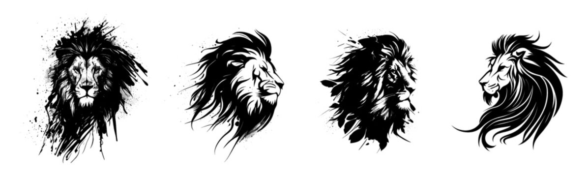 Vector set of lion head logo. Black and white style. The lion is the king of beasts. Ideal for postcard, book, poster, banner. Set icons. Vector illustration