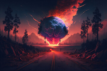 sci fi setting, large cloud surrounded by red, blue and black colors.