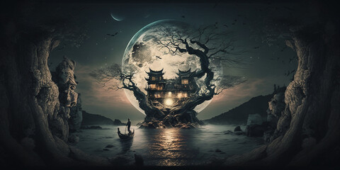 Fantasy style island with a house and moon in background. Person in a row boat going towards island.