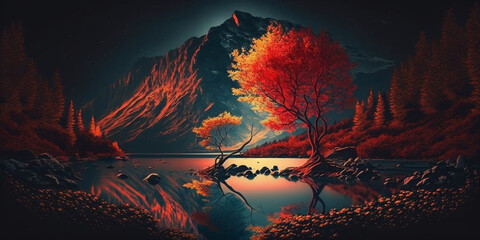 Mountain view, reds, blues and blacks. With a Tree.