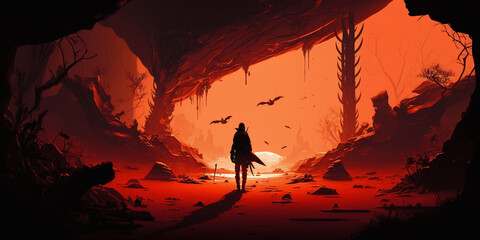 Person waling out of a cave, red and black colors.