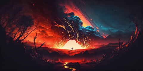 Colorful landscape, neon colors, smoke and fire
