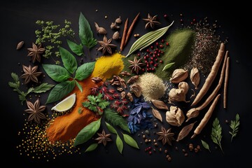 Herbs and spices arranged, Healthy food (Ai generated)