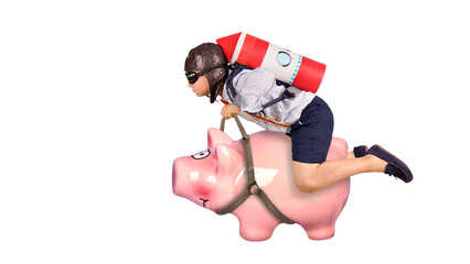 Junge reitet auf Sparschwein, transparenter Hintergrund