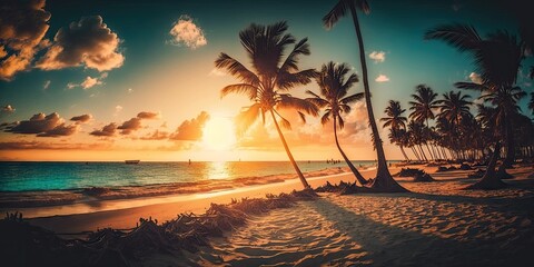Beautiful sunrise scenery along the Atlantic coast. Republic of the Dominican, Punta Cana. Filter for toning down photos with an Instagram effect. Generative AI - obrazy, fototapety, plakaty