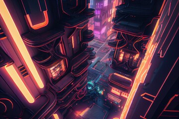 Sky view of a cyberpunk city, neon accented futuristic architecture. Generative AI.