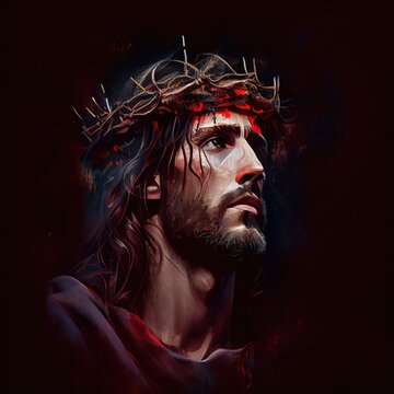 Portrait of Jesus Christ wearing a crown of thorns. Universal pedestrian painting. Generative AI.