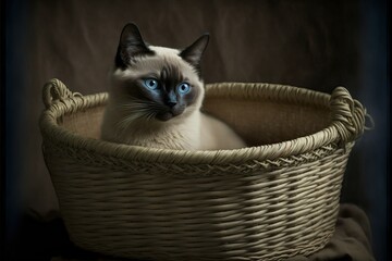 Fototapeta na wymiar Siamese cat in a wicker basket photography (Ai generated)