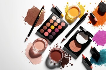 Make up professional cosmetics on white background. Powder, lipstick, shadow, brushes. Ai generative.