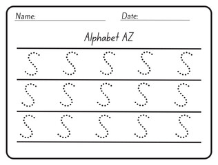 Alphabet tracing practice Letter S. Tracing practice worksheet. Learning alphabet activity page