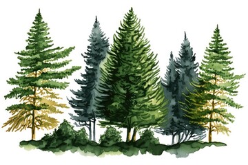 Illustration of a grove of fir trees in watercolor. piece of a green woodland background. luxuriant conifer drawn by . Natural spruce trees and bushes that are evergreen. Bushes and a fir tree on a wh