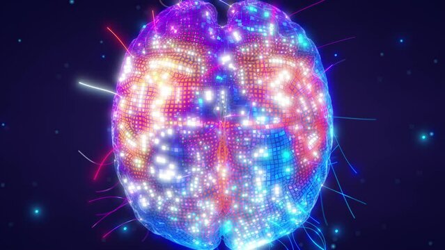 Connections spreading out of digital brain. Artificial intelligence and neural network motion concept. Brain connectome and neural connections mapping