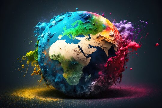 3D render style Earth with colorful splash of paint. Abstract banner. Generative AI Illustration