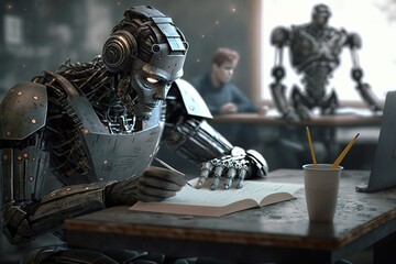 Robot humanoid writing on a book. Futuristic concept. Generative AI Illustration