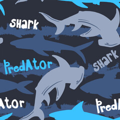 Sharks silhouettes seamless pattern. Urban pattern. Pattern with abstract shark symbols, design elements. Can be used for invitations, greeting cards, scrapbooking, print, textile, manufacturing.