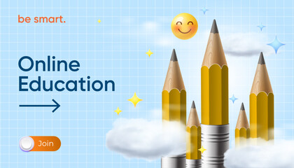 Online Education web banner with pencils and clouds. Back to school template, ad, landing page or poster for web design, startup or courses