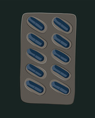 Vector isolated illustration of blister pack of pills in capsules.