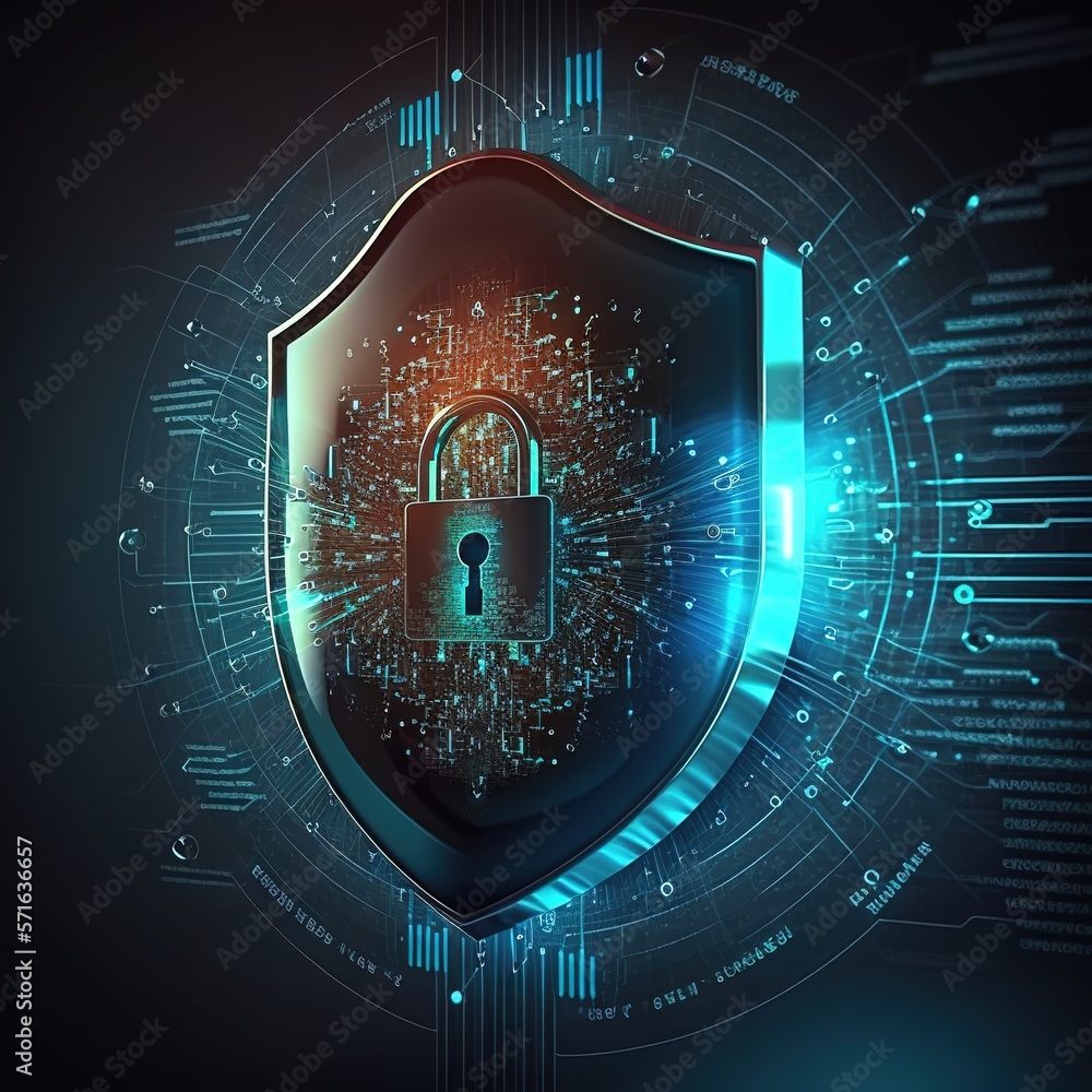 Poster cybersecurity and privacy concepts to protect data. shield icon and internet network security techno