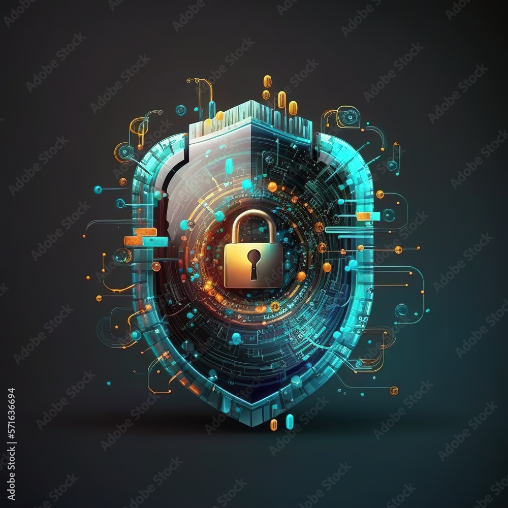 Poster cybersecurity and privacy concepts to protect data. shield icon and internet network security techno