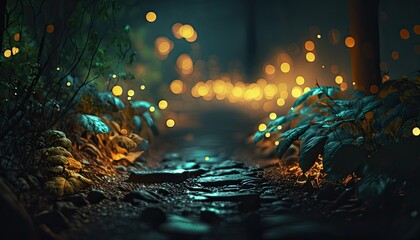 Naklejka premium pathway into the forest Bright lights on the sidewalk , Generated by Midjourney AI