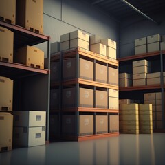 large clean warehouse with shelves, cardboard boxes, and products, generative ai