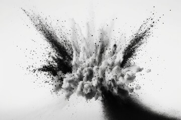 charcoal specks on a white background, abstract powder splatters on a white background, and freeze frames of black powder being thrown or exploding. Generative AI