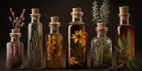 Various essential oils, with backdrop herbs and flowers. Generative AI - obrazy, fototapety, plakaty