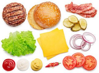 Set of popular cheeseburger ingredients isolated on white background.