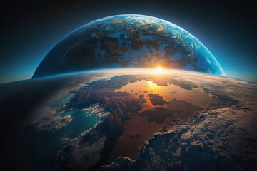 Fototapeta na wymiar Curvature of planet Earth. Aerial view of blue planet from space. Sunrise over globe land and ocean.
