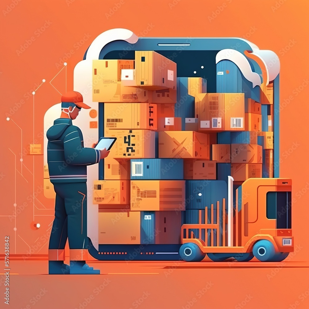Poster warehouse supervisor. worker using a tablet to check and load products and track delivery on a globa