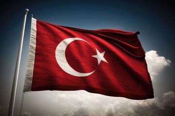 Illustration of Turkey flag waving in the wind over dramatic cloudy sky. Generation AI