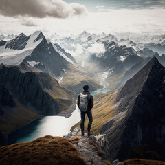 lone adventurer is etched against the sky as he stands on top of a mountain peak. With a sense of peace and a deep connection to nature, he soaks in beauty of the world around him. AI generative
