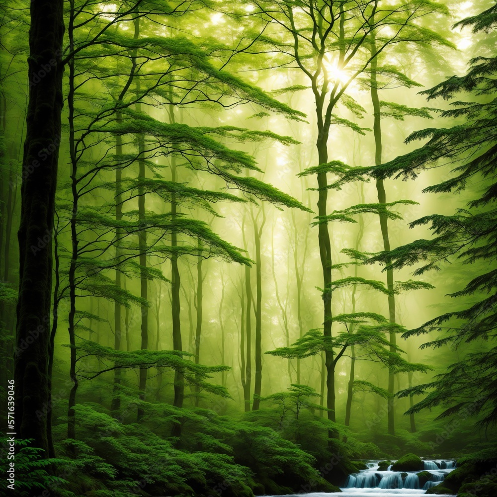 Poster misty morning in the forest made with generative ai