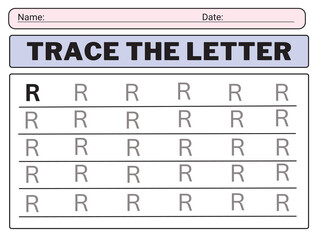 Alphabet letters tracing worksheet with all alphabet letter R. Basic writing practice for kindergarten kids