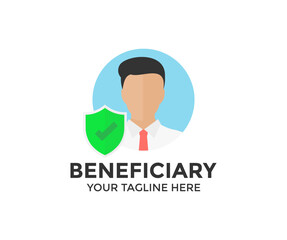 Beneficiary sign man and shield logo design. Beneficiary, Property and manager. Protection Beneficiary Safeguard Concept vector design and illustration.


