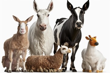 Farm animals in a group, isolated on white. Generative AI