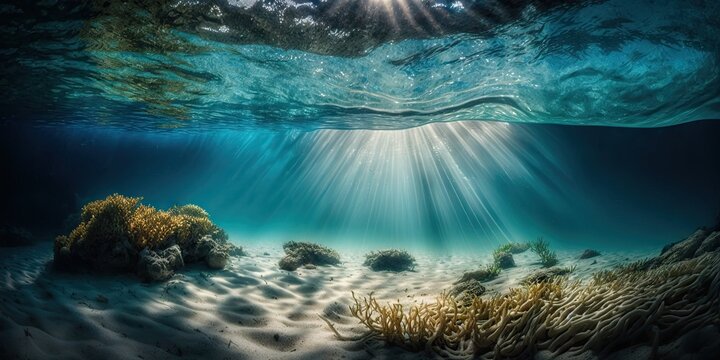 Natural scene underwater in the Caribbean Sea on a shallow sandy seafloor with sunlight filtering through the water surface. Generative AI