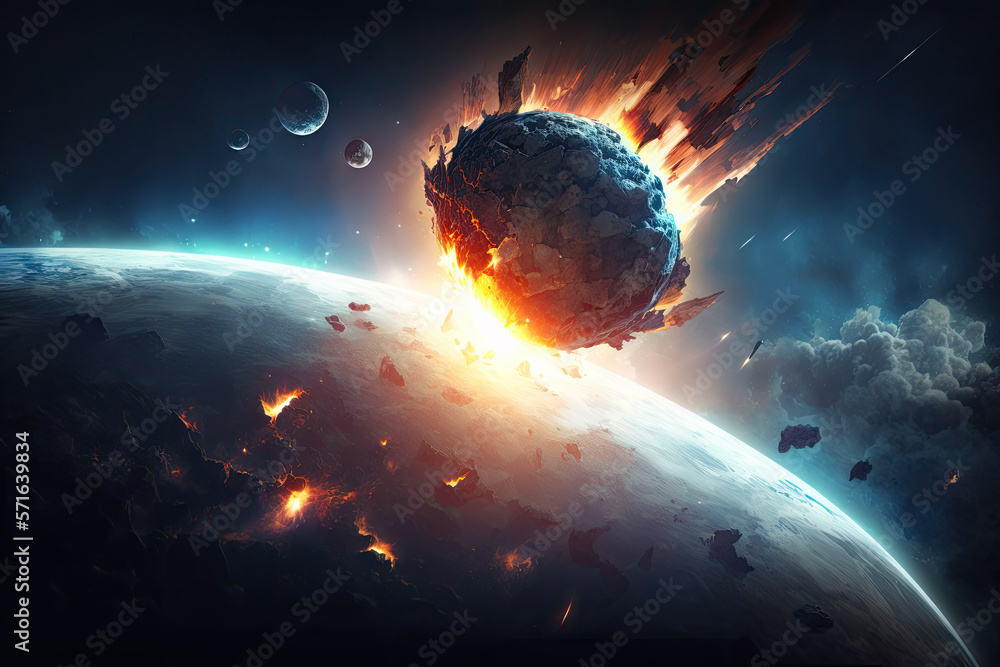 Poster a large flaming meteorite flies towards the earth. generative ai