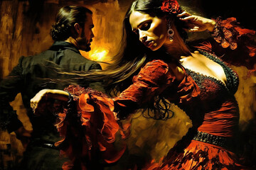 Flamenco Spanish Dancers abstract art with vivid passionate colours, ai generative digital art, generative ai - obrazy, fototapety, plakaty