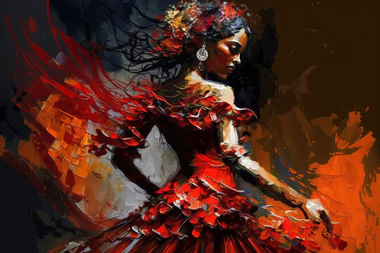 Flamenco Spanish Dancers abstract art with vivid passionate colours, ai generative digital art,generative ai