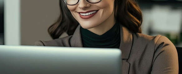 a pretty young woman with glasses works on the laptop. Generative AI