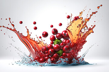 Fototapeta na wymiar Cranberries with splashes of water and juice, isolated on white. AI generative