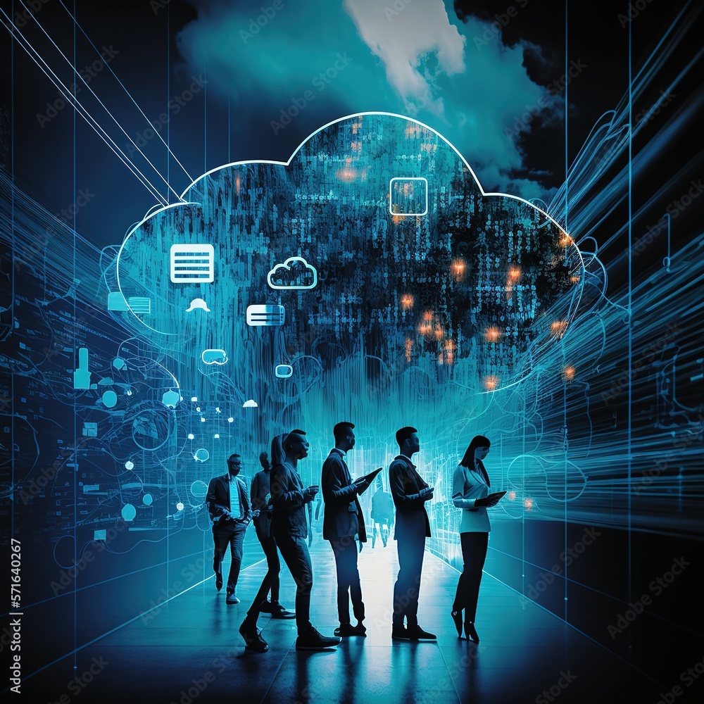 Poster abstract networking in the evening office with digital marketing software, data analysis code, or te