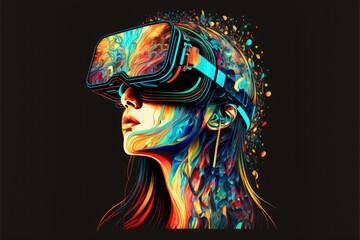 a young woman with VR glasses. illustration. isolated. Generative AI - obrazy, fototapety, plakaty
