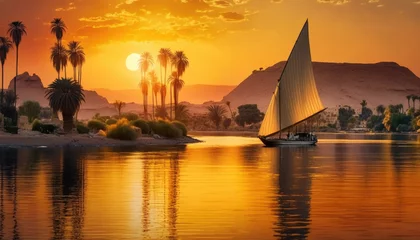 Rugzak Felucca ship cruise adventure down the Nile river, taking in all the sights and sounds of Egypt. From the bustling markets of Cairo to the inspiring temples of Luxor. AI generative © EdNurg