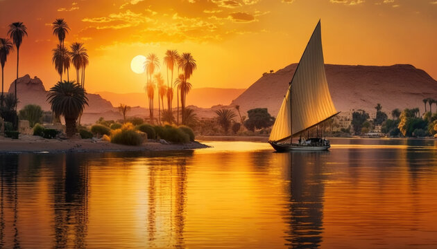 Felucca ship cruise adventure down the Nile river, taking in all the sights and sounds of Egypt. From the bustling markets of Cairo to the inspiring temples of Luxor. AI generative