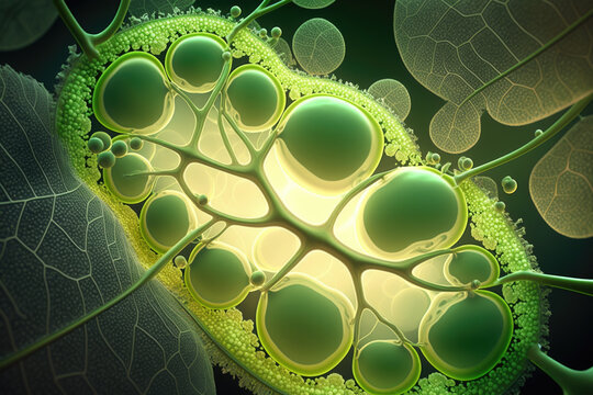 Biological cell illustrating photosynthesis, microscopic view illustration. AI generative
