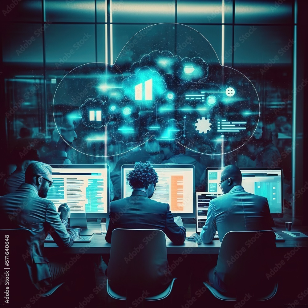 Poster networking abstract in night office with digital marketing software, data analysis code or teamwork.